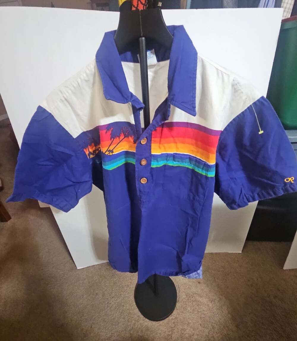 Ocean Pacific Polo Shirt Size L Vintage Rainbow Palm Tree Blue White